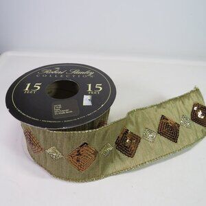 Sequins Diamond Design wired ribbon Warm Gold & Brown 2.5" wide